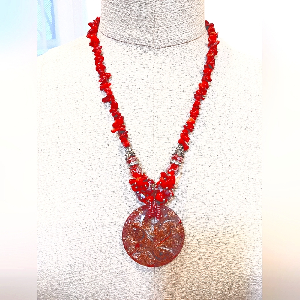 Red Coral Murano glass stunning Summer necklace New 24"